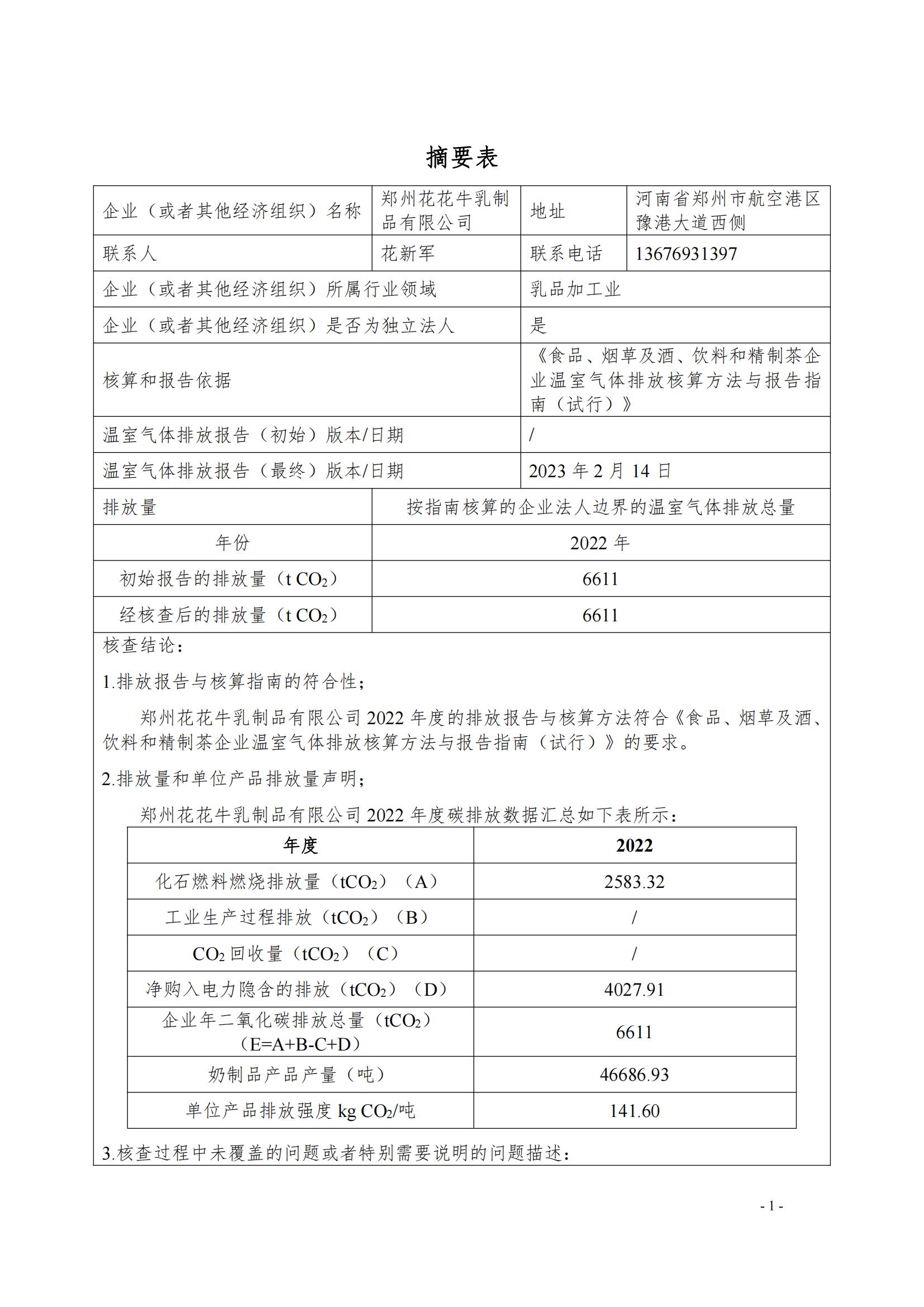 《郑州官方网站入口乳制品有限公司2022年度温室气体排放核查报告》公示